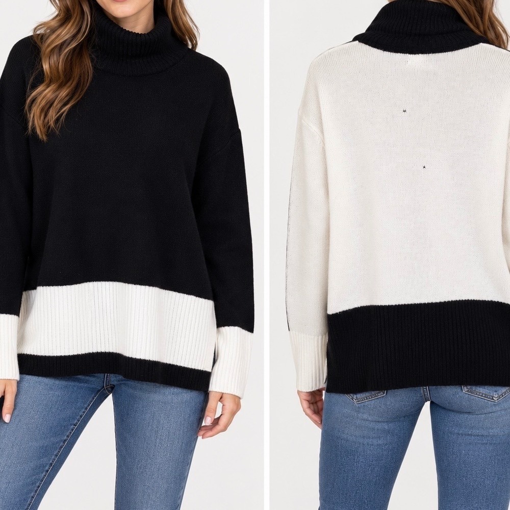 Summersalt Turtleneck Sweater Womens S Black Cream Wool Cashmere Colorblock FLAW
